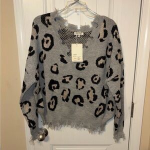 NWT Miracle Dustressed Cheetah Print Tight Knit Sweater Womens Size M/L